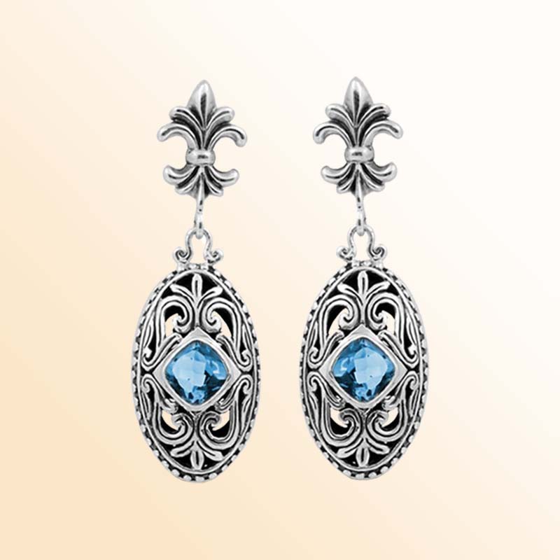 Handcrafted Sterling Silver Blue Topaz Quartz Scroll Drop Earrings With Balinese Design