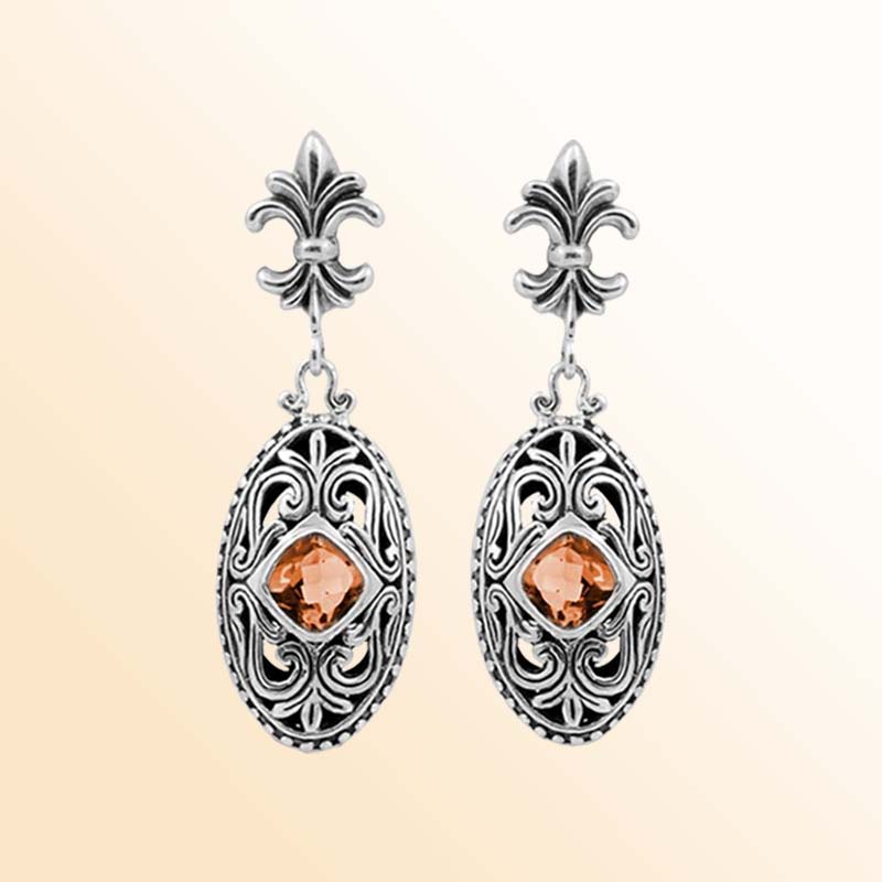 Handcrafted Sterling Silver Royal Citrine Quartz Scroll Drop Earrings With Balinese Detailing