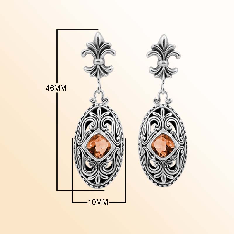 Handcrafted Sterling Silver Royal Citrine Quartz Scroll Drop Earrings With Balinese Detailing