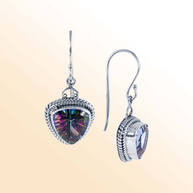 Sterling Silver Mystic Quartz Earrings – Handcrafted Balinese Triangle Glow Design