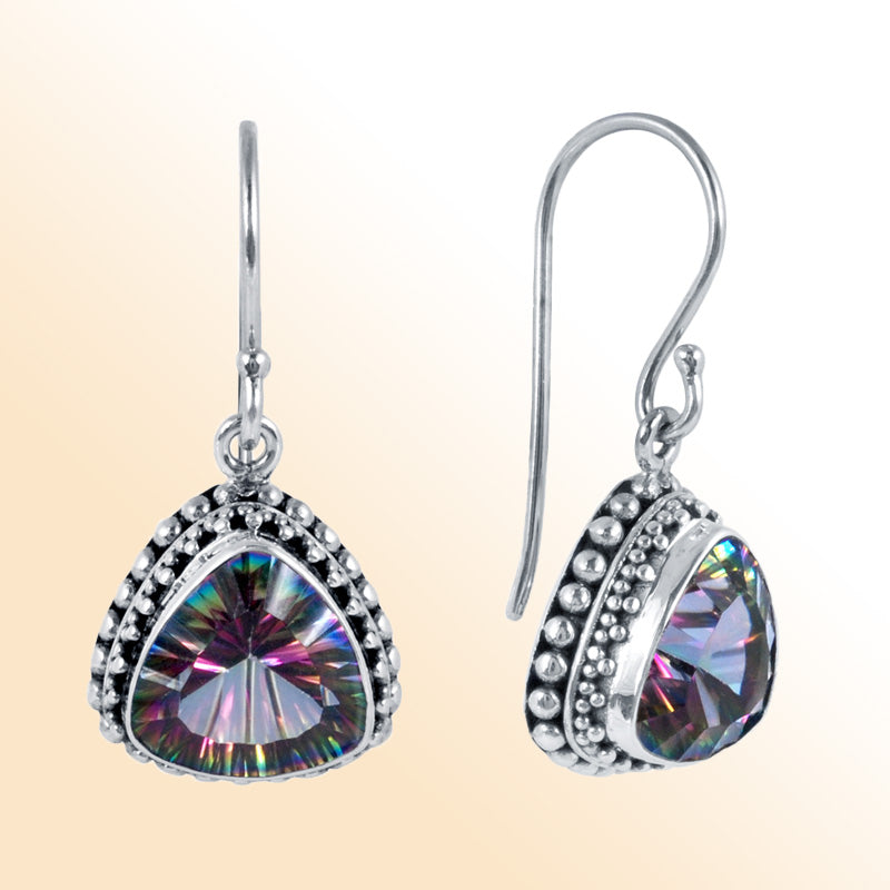 Handcrafted Sterling Silver Mystic Quartz Beaded Triangle Glow Earrings With Balinese Design