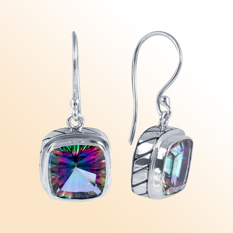 Handcrafted Sterling Silver Mystic Quartz Cushion Hook Earrings with mirror-polished shine