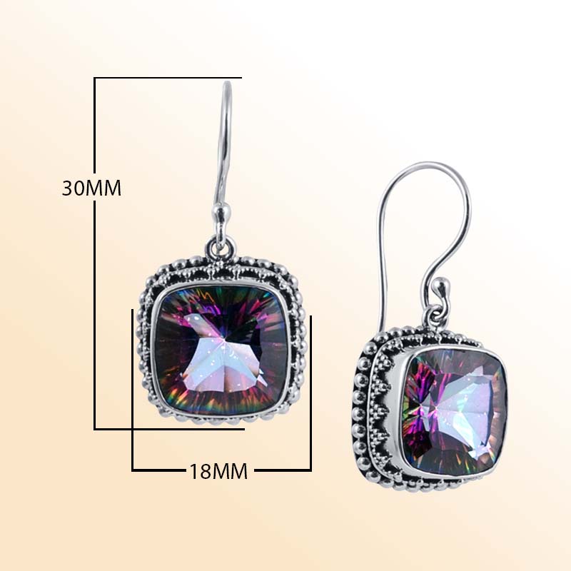 Handcrafted Sterling Silver Mystic Quartz cushion hook earrings with granulated Balinese design