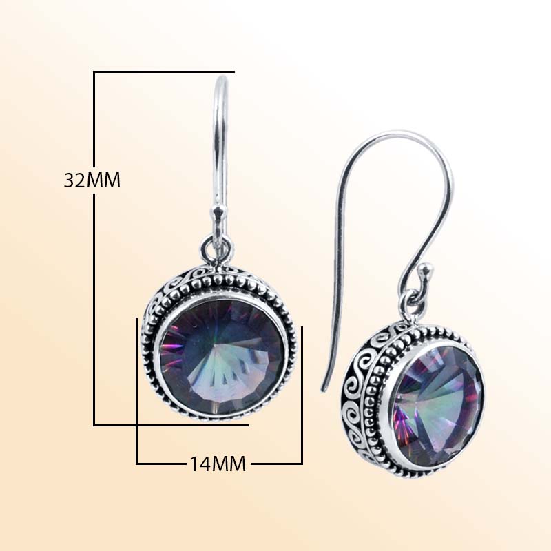 Handcrafted Sterling Silver Mystic Quartz round hook earrings with ornate Balinese detailing