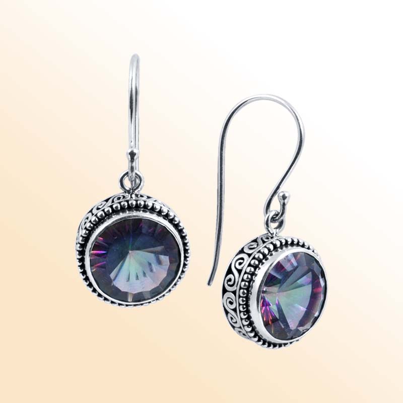 Handcrafted Sterling Silver Mystic Quartz round hook earrings with ornate Balinese detailing