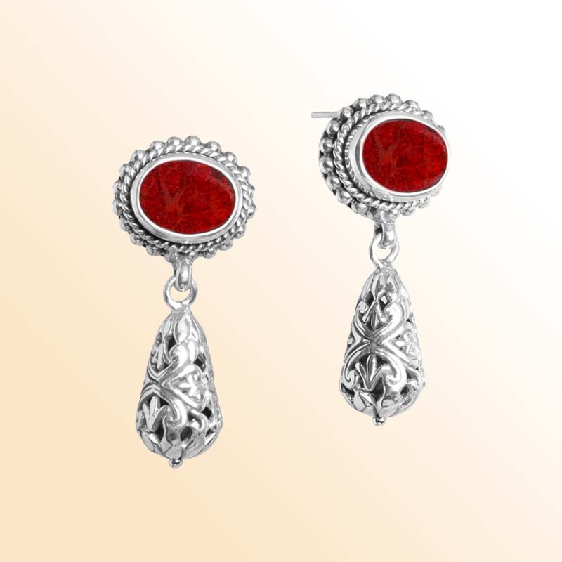 Handcrafted Sterling Silver Red Coral Filigree Drop Earrings With Red Coral Stone – Bali Collection