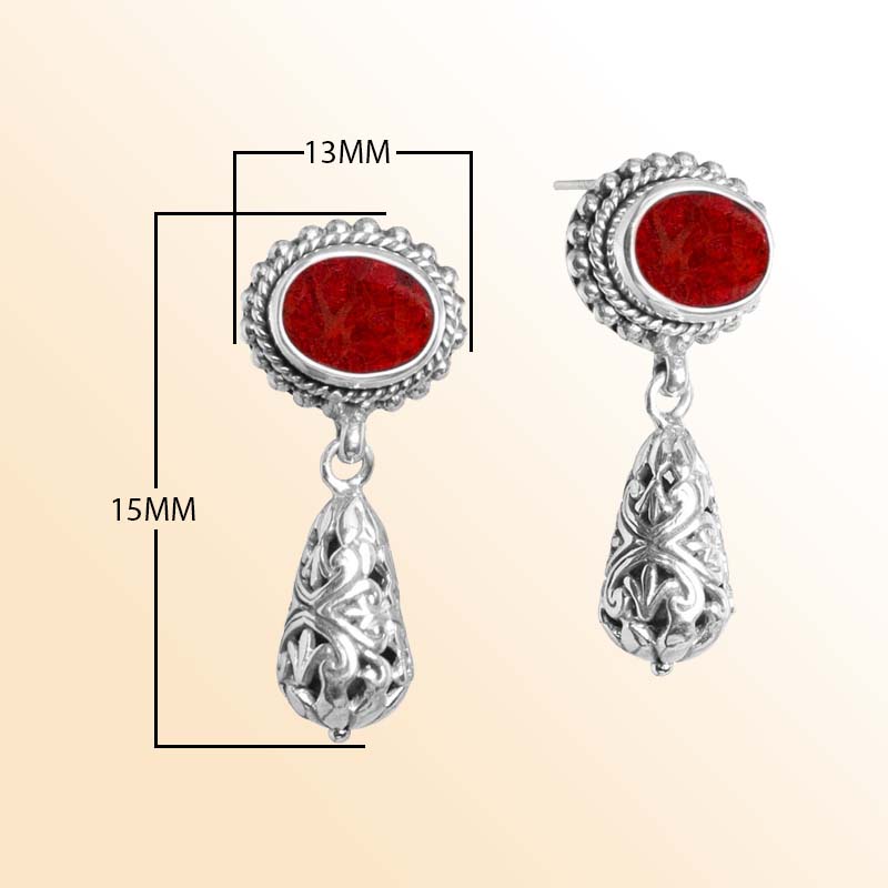 Handcrafted Sterling Silver Red Coral Filigree Drop Earrings With Red Coral Stone – Bali Collection