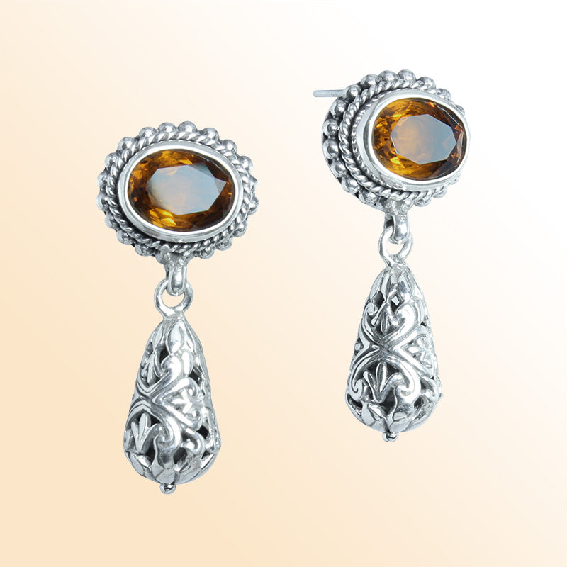 Handcrafted Sterling Silver Citrine Quartz Filigree Drop Earrings With Citrine Quartz Stone – Bali Collection