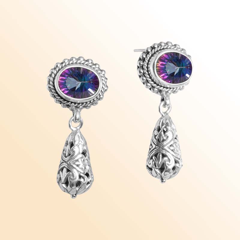 Handcrafted Sterling Silver Mystic Quartz Filigree Drop Earrings With Mystic Quartz Stone – Bali Collection