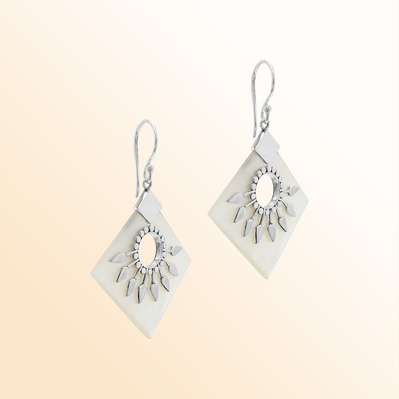 Handcrafted sterling silver earrings with Mother Of Pearl diamond shapes and silver sunburst detailing.