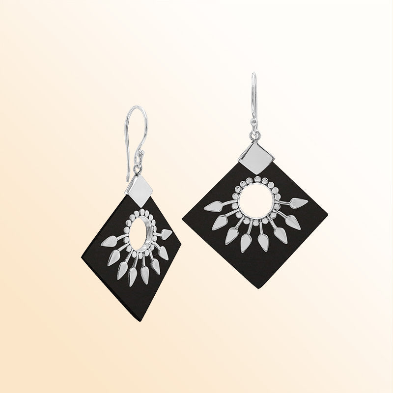 Handcrafted Sterling Silver Earrings With Black Shell Diamond Shapes And Silver Sunburst Detailing