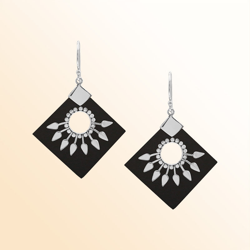 Handcrafted Sterling Silver Earrings With Black Shell Diamond Shapes And Silver Sunburst Detailing