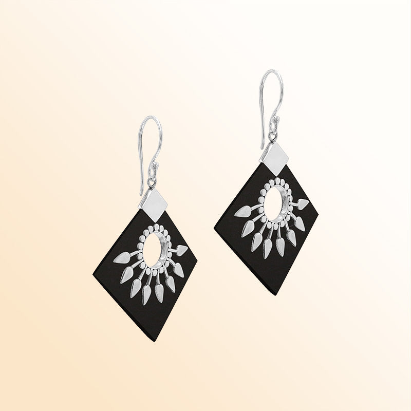 Handcrafted Sterling Silver Earrings With Black Shell Diamond Shapes And Silver Sunburst Detailing