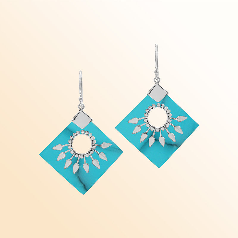 Handcrafted Sterling Silver Earrings With Turquoise Shell Diamond Shapes And Silver Sunburst Detailing