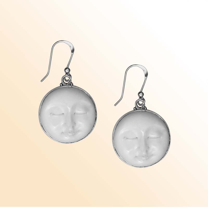 Handcrafted Sterling Silver Bone Moon Face Round Earrings With Smooth Bezel Finish