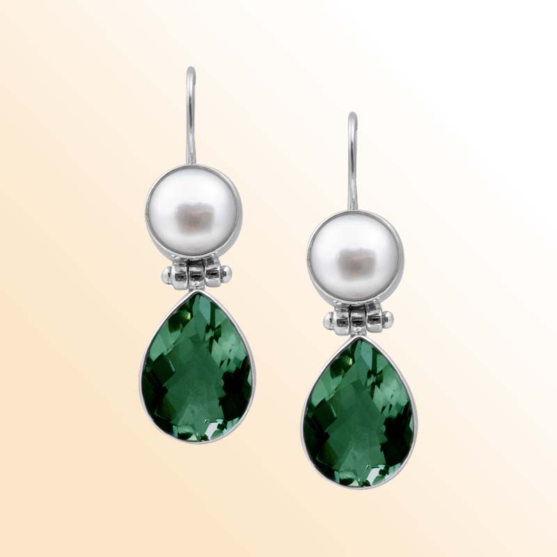 Handcrafted Sterling Silver Earrings With Mother Of Pearl Tops And Green Amethyst Quartz Teardrop Design