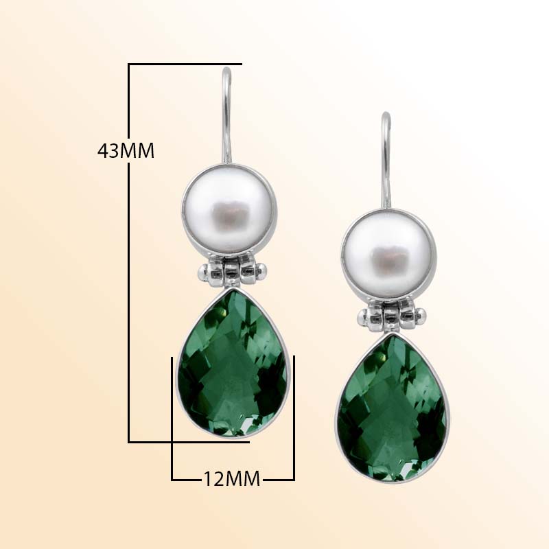 Handcrafted Sterling Silver Earrings With Mother Of Pearl Tops And Green Amethyst Quartz Teardrop Design