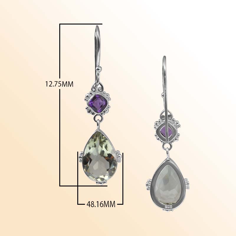 Handcrafted Sterling Silver Earrings With Green Amethyst Quartz Teardrops And Amethyst Quartz Cushion Design