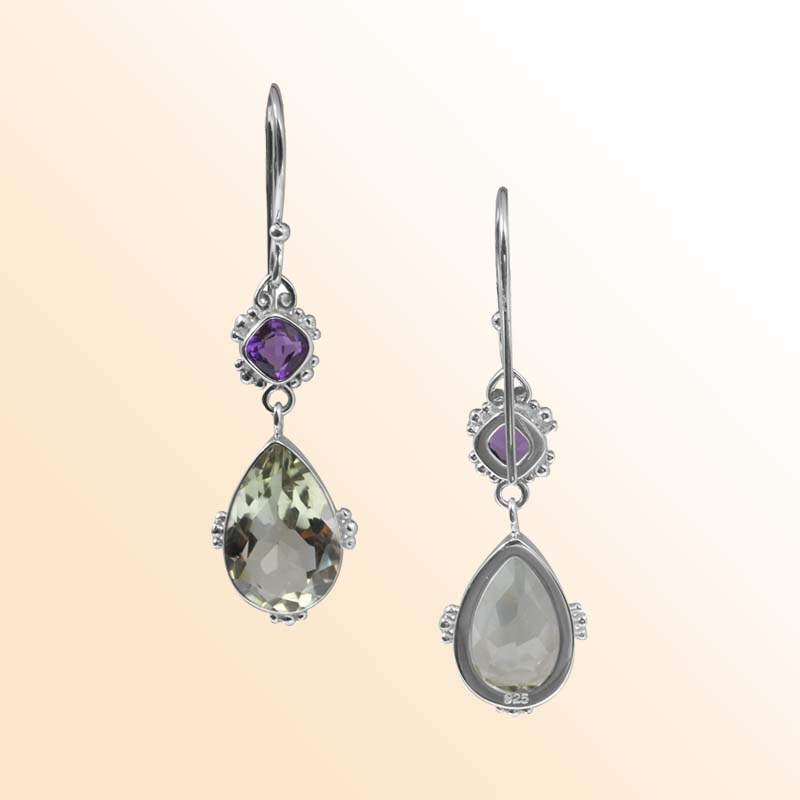 Handcrafted Sterling Silver Earrings With Green Amethyst Quartz Teardrops And Amethyst Quartz Cushion Design