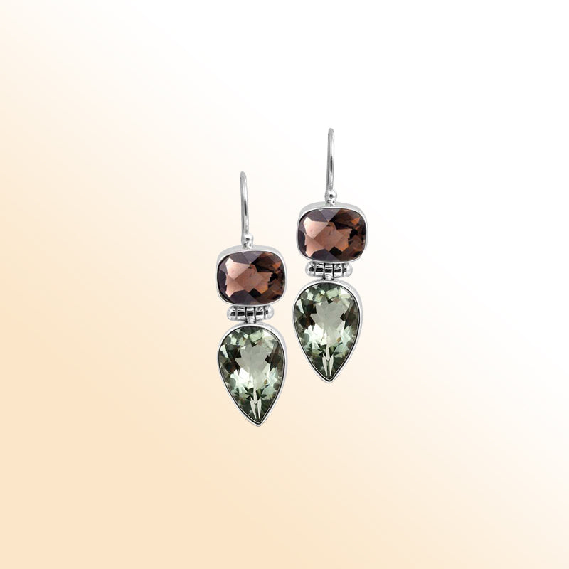 Handcrafted Sterling Silver Earrings With Smoky Quartz Cushion Tops And Green Amethyst Quartz Teardrop Design