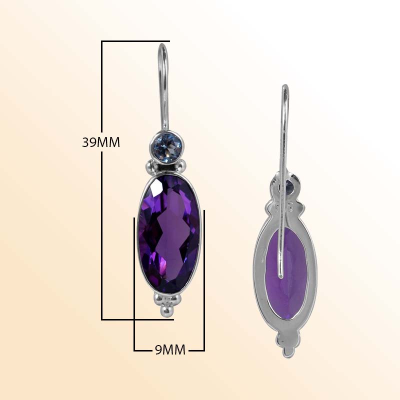 Handcrafted Sterling Silver Earrings With Amethyst Quartz Oval Drops And Blue Topaz Quartz Round Design
