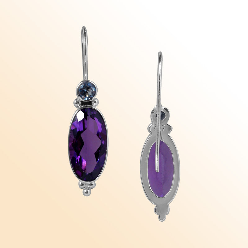 Handcrafted Sterling Silver Earrings With Amethyst Quartz Oval Drops And Blue Topaz Quartz Round Design