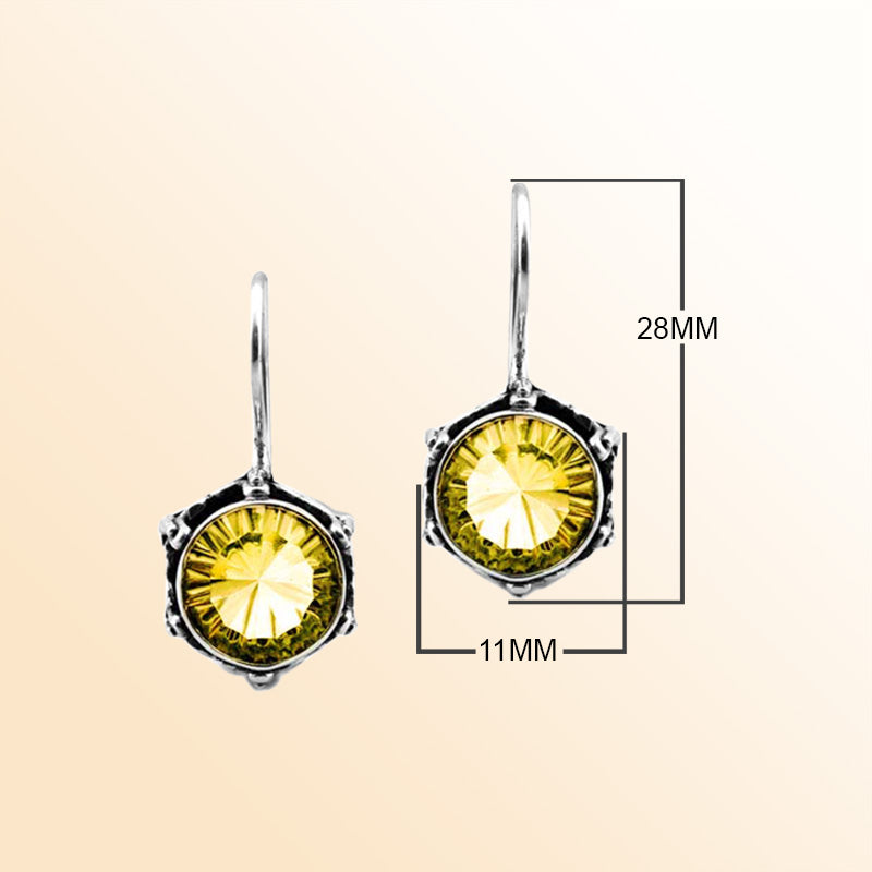 Vintage sterling silver Lemon Quartz dangle earrings with handcrafted Balinese detailing