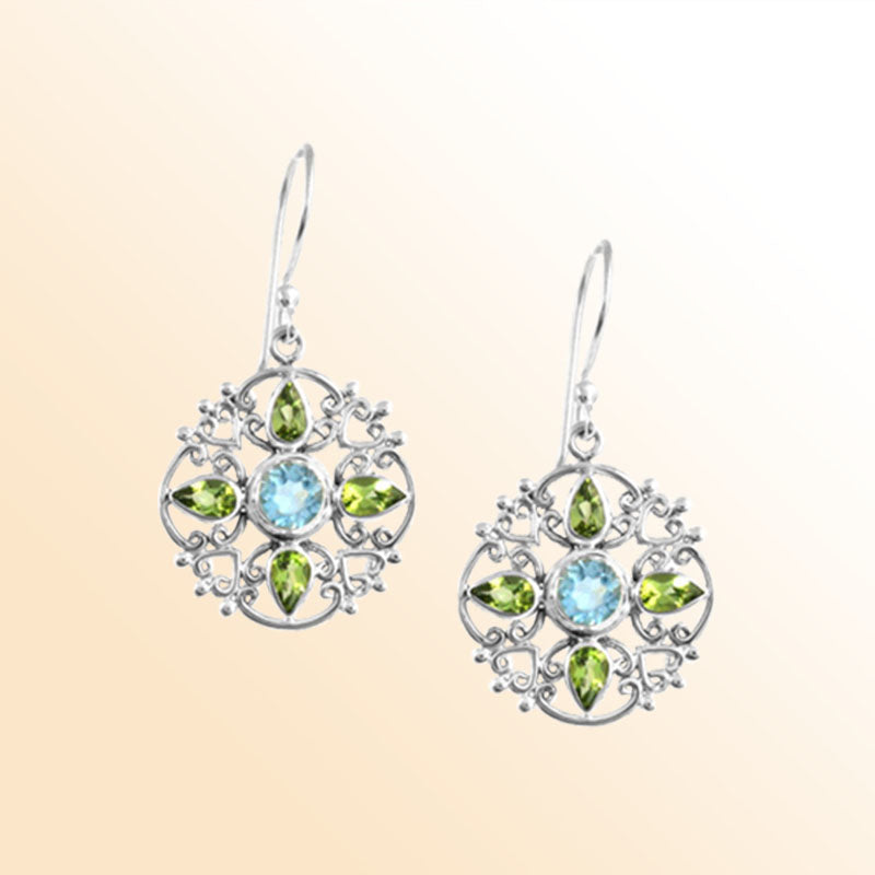 Handcrafted Sterling Silver Earrings With Blue Topaz Quartz Center And Peridot Filigree Accents
