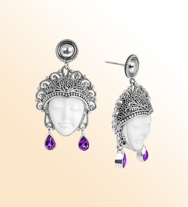 Handcrafted Sterling Silver Earrings With Carved Bone Face And Amethyst Quartz Teardrop Design