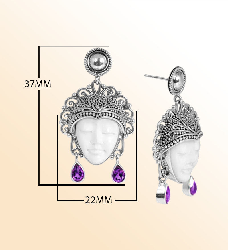 Handcrafted Sterling Silver Earrings With Carved Bone Face And Amethyst Quartz Teardrop Design