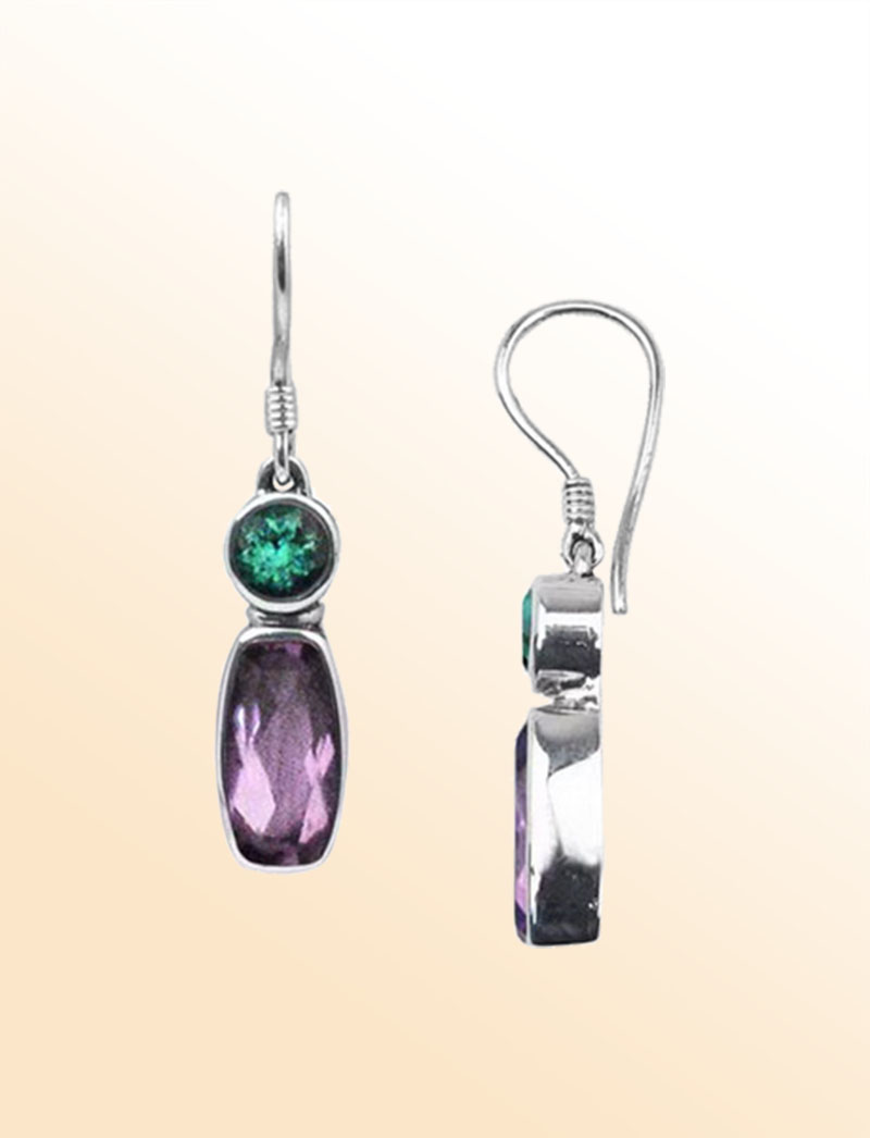 Handcrafted Sterling Silver Earrings With Green Quartz Round Accent And Amethyst Quartz Elongated Drop