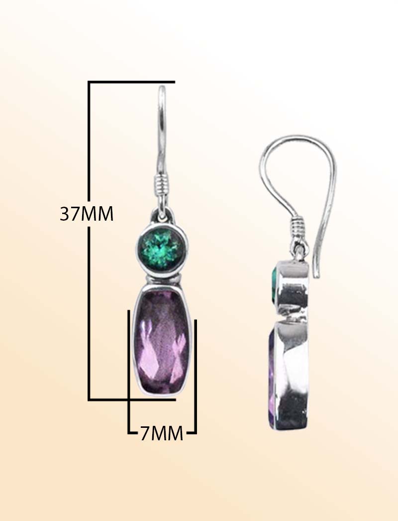 Handcrafted Sterling Silver Earrings With Green Quartz Round Accent And Amethyst Quartz Elongated Drop