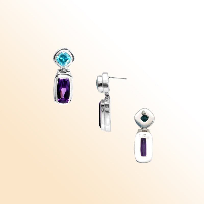 Handcrafted Sterling Silver Earrings With Blue Topaz Quartz Cushion Top And Amethyst Quartz Rectangular Drop