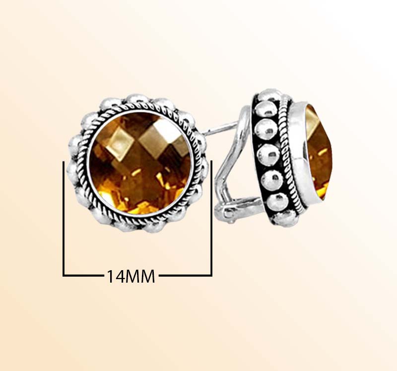 Handcrafted Sterling Silver Stud Earrings With Faceted Citrine Quartz Round Design