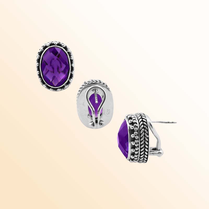 Handcrafted Sterling Silver Oval Stud Earrings With Faceted Amethyst Quartz Design