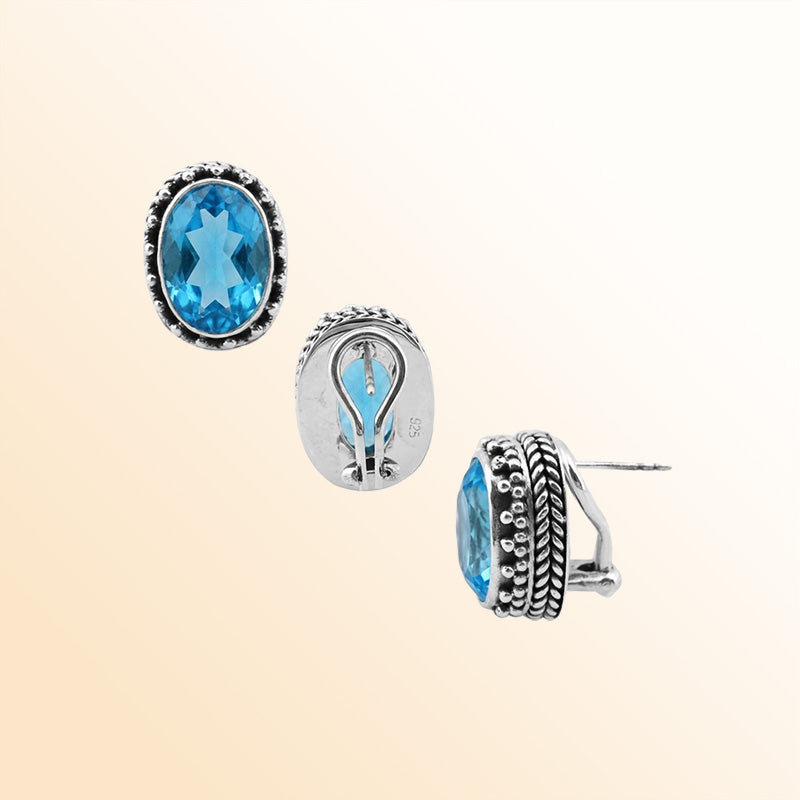 Handcrafted Sterling Silver Oval Stud Earrings With Faceted Blue Topaz Quartz Design