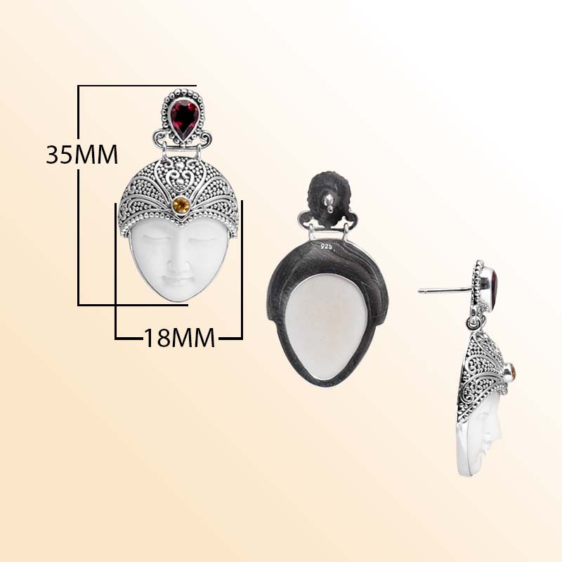 Handcrafted Sterling Silver Earrings With Bone Carving Face Garnet Quartz And Citrine Quartz Accents