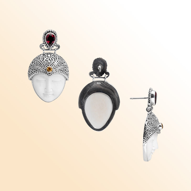 Handcrafted Sterling Silver Earrings With Bone Carving Face Garnet Quartz And Citrine Quartz Accents