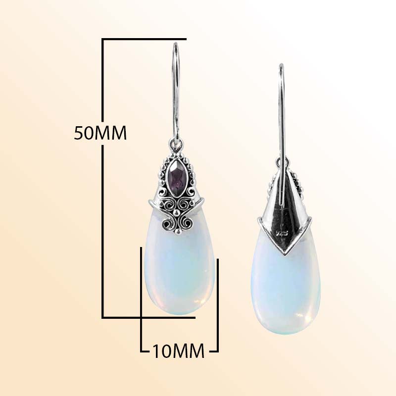 Handcrafted Sterling Silver Earrings With Opalite Teardrop And Amethyst Quartz Marquise Accent