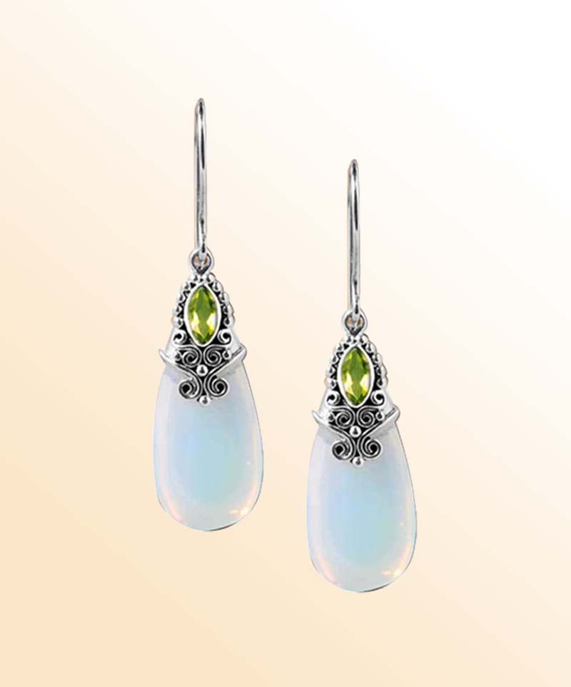 Handcrafted Sterling Silver Earrings With Opalite Teardrop And Peridot Marquise Accent