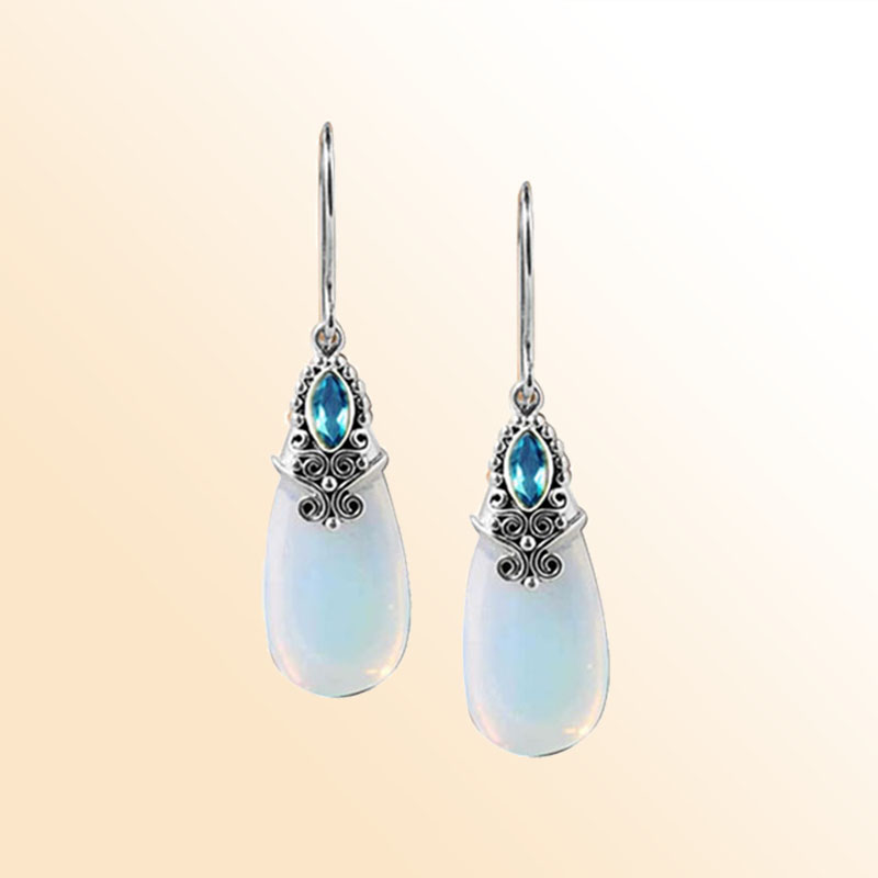 Handcrafted Sterling Silver Earrings With Opalite Teardrop And Blue Topaz Quartz Accent