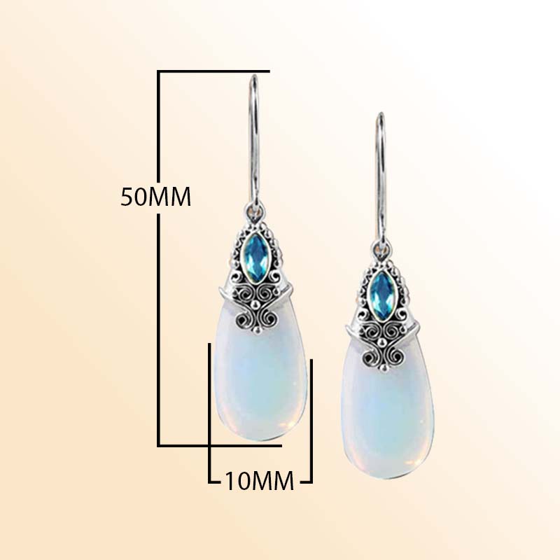 Handcrafted Sterling Silver Earrings With Opalite Teardrop And Blue Topaz Quartz Accent