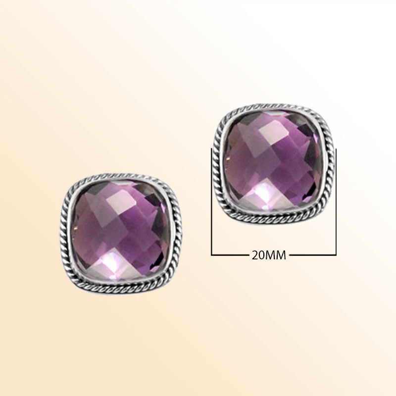 Handcrafted Sterling Silver Cushion Stud Earrings With Amethyst Quartz