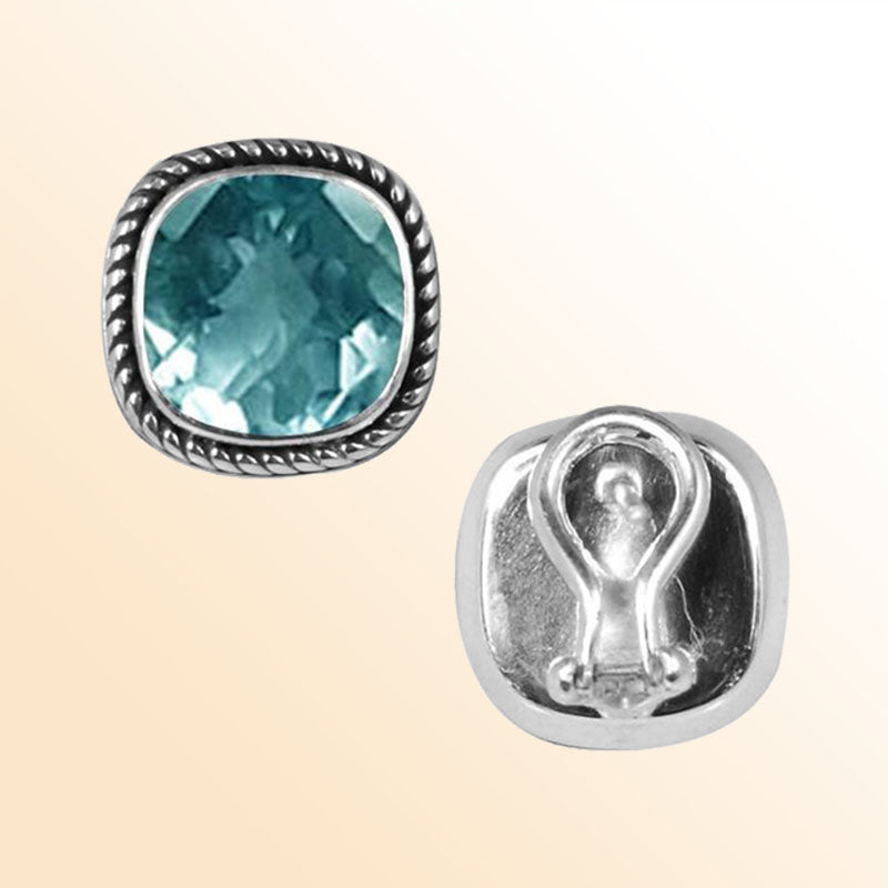 Handcrafted Sterling Silver Cushion Stud Earrings With Blue Topaz Quartz