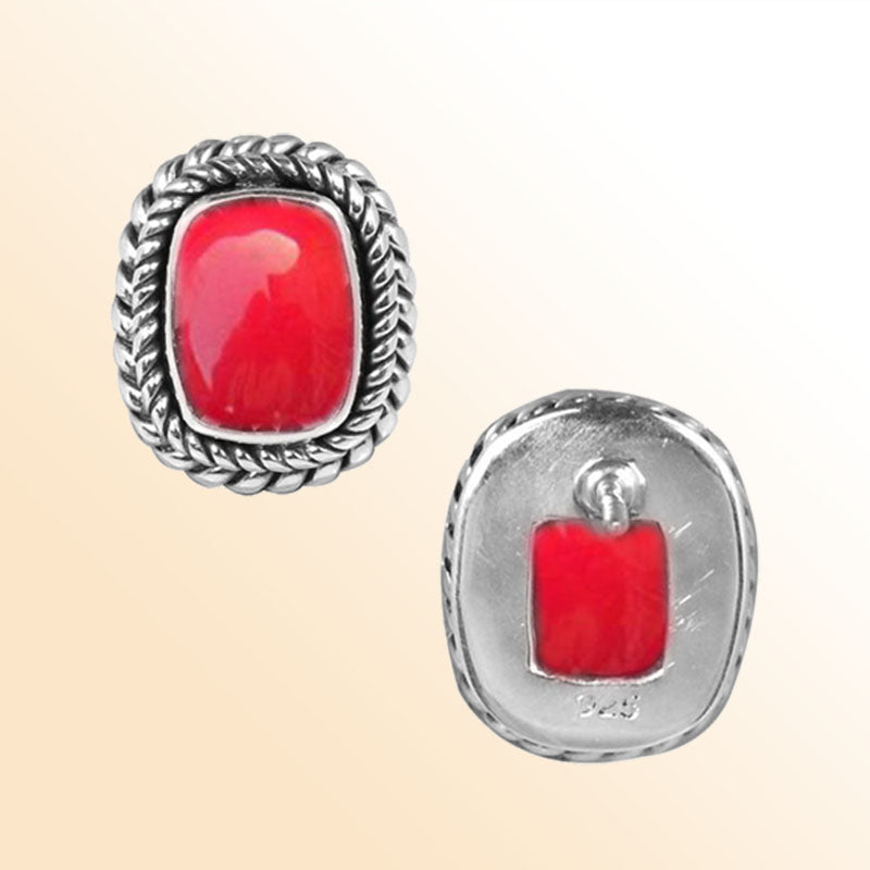 Handcrafted Sterling Silver Oval Cushion Stud Earrings With Red Coral