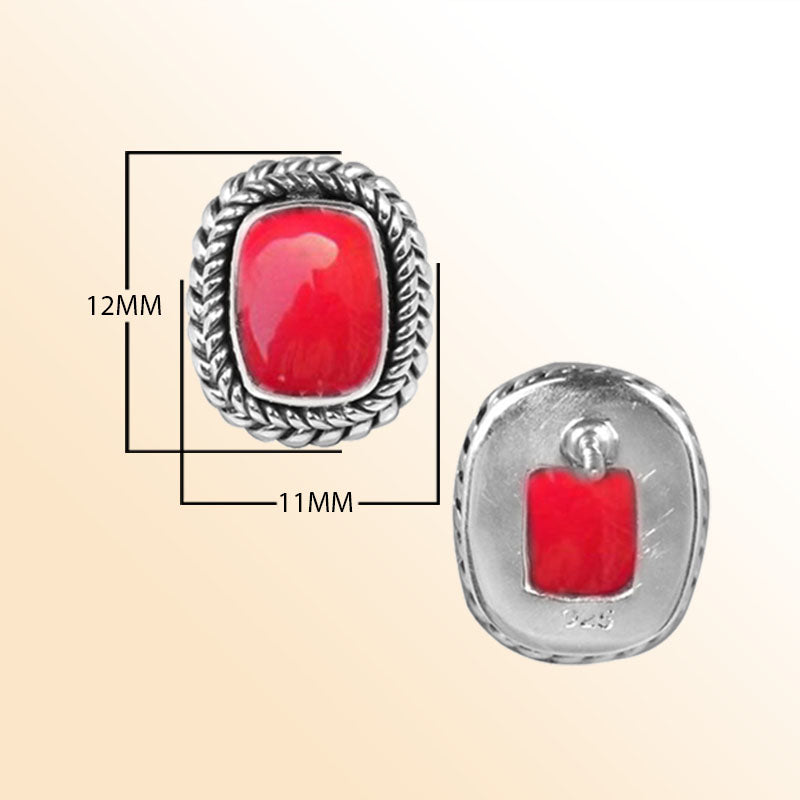 Handcrafted Sterling Silver Oval Cushion Stud Earrings With Red Coral