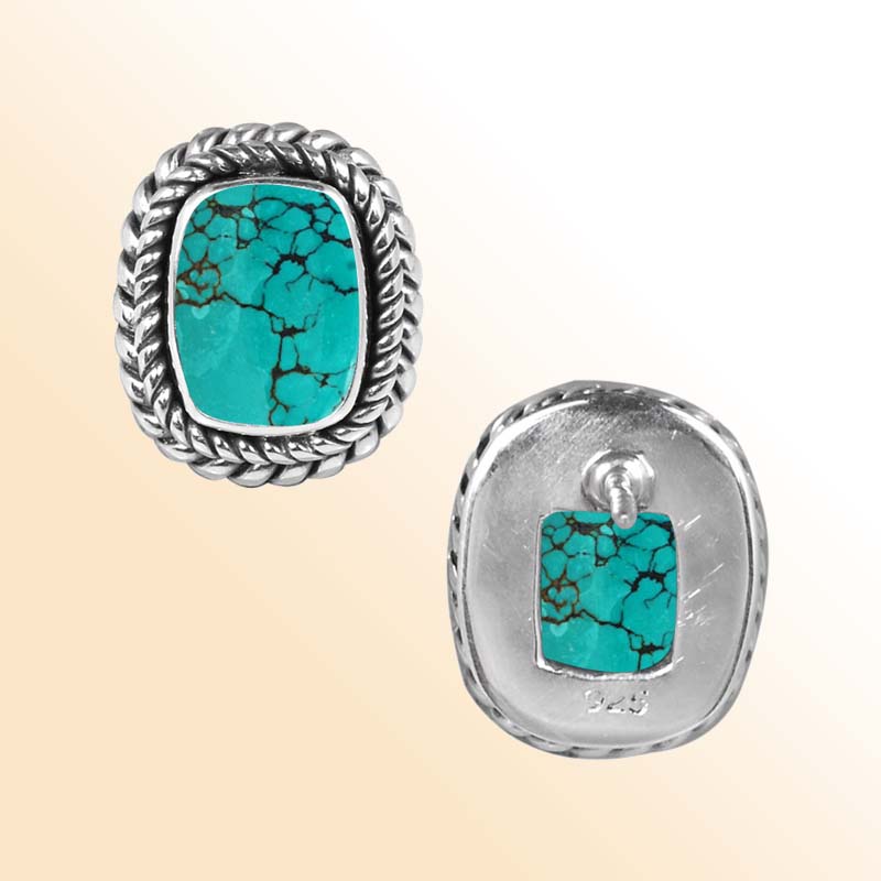 Artisan Sterling Silver Earrings With Turquoise Shell Matrix Cushion In Braided Silver Design.