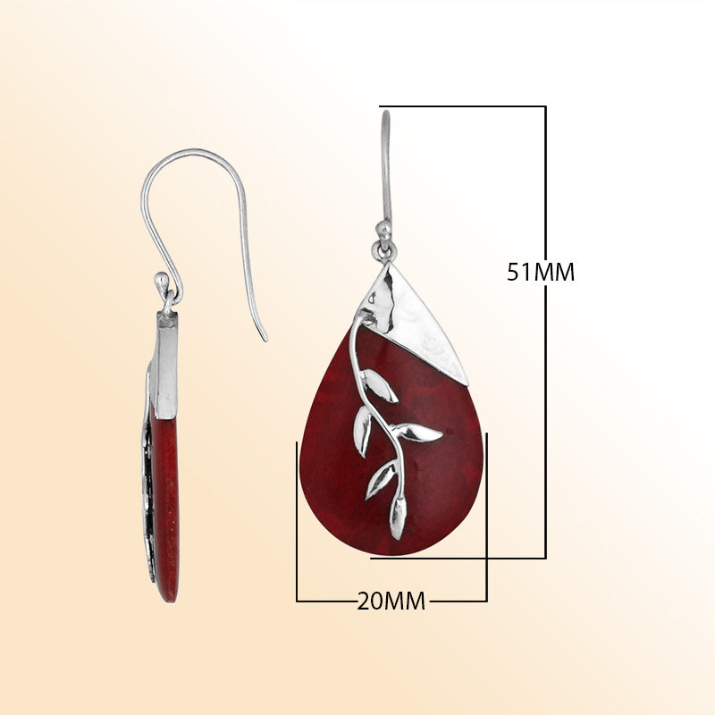 Artisan Sterling Silver Earrings With Red Coral Teardrop And Leaf Vine Design.