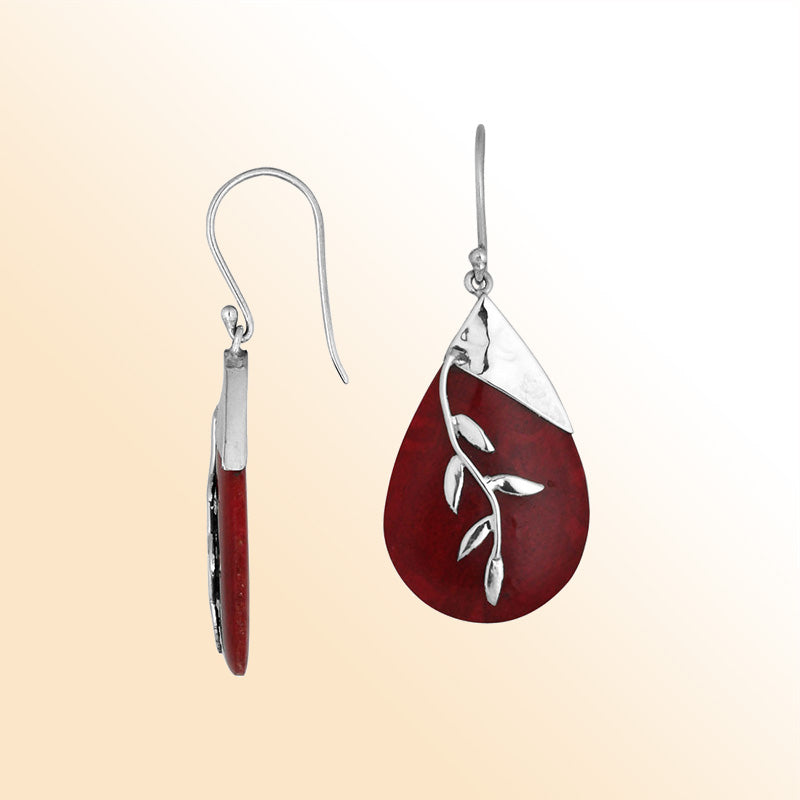 Artisan Sterling Silver Earrings With Red Coral Teardrop And Leaf Vine Design.