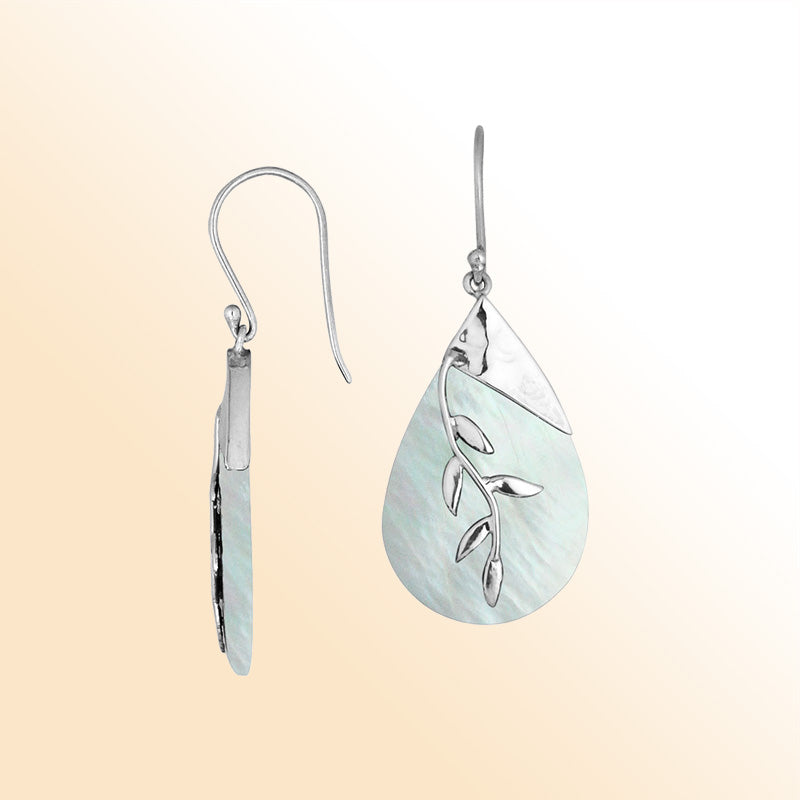Sterling Silver White Shell Leaf Drop Earrings Handcrafted In Bali Indonesia